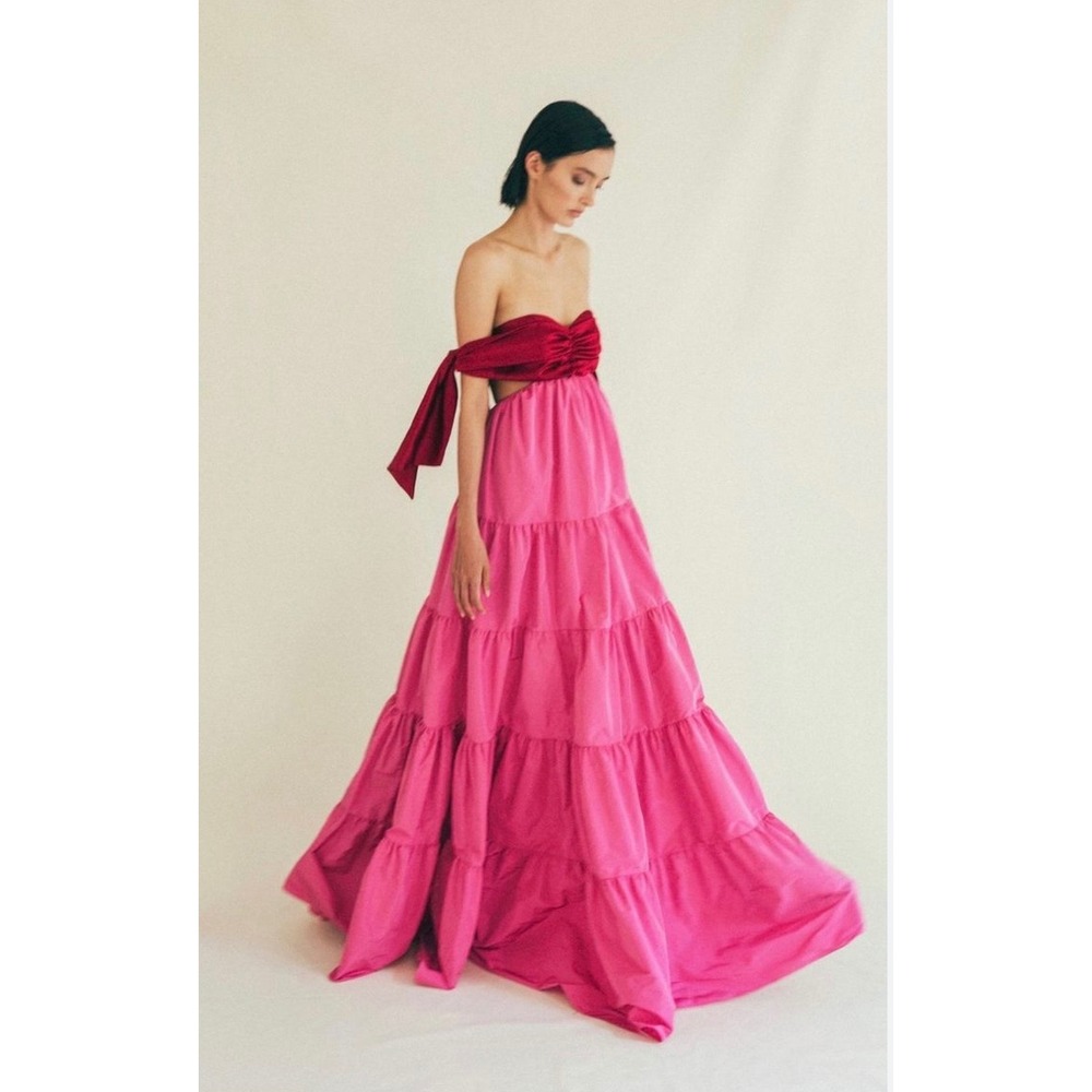 The Sang Sleeveless Tie Back Maxi Dress Pink Red Tiered Women's Size Small Glam